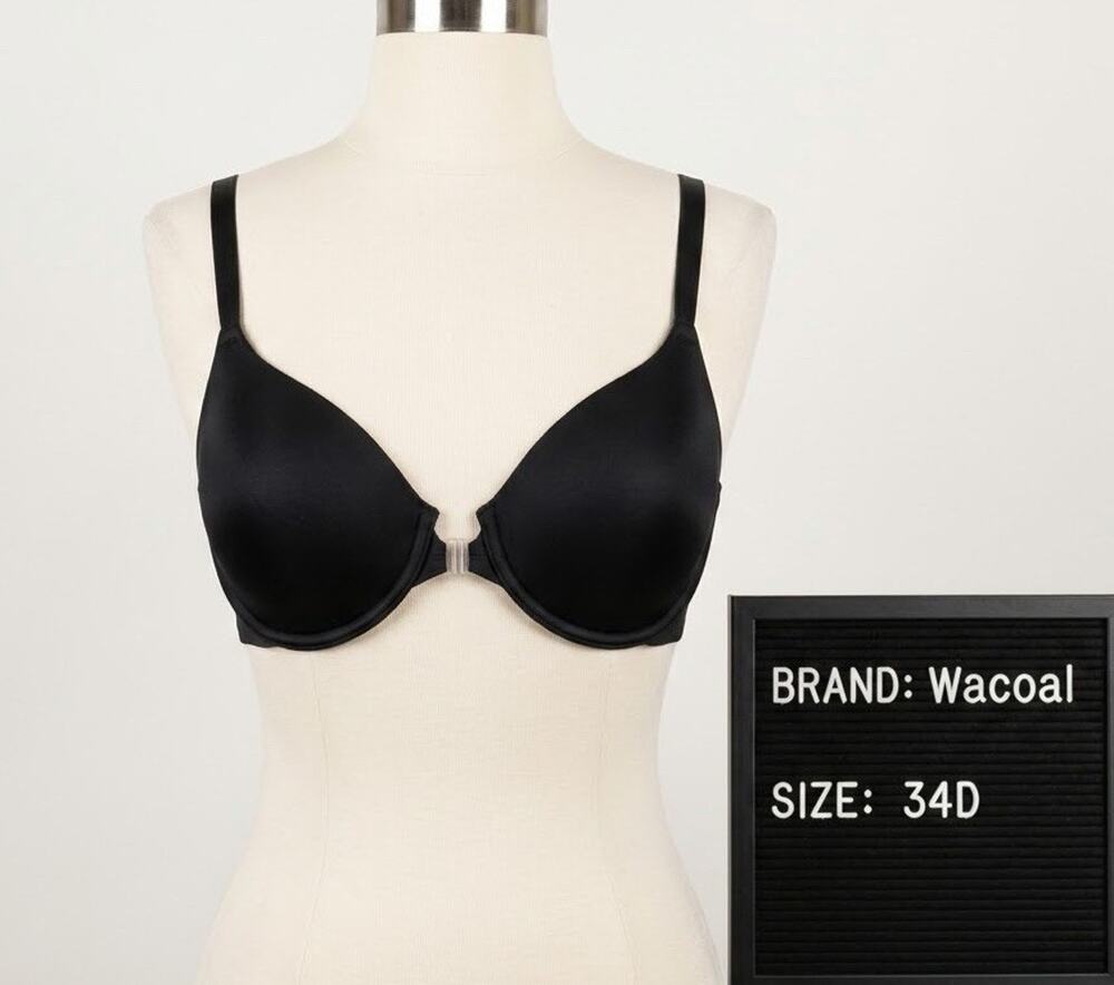 Wacoal Bodysource Front Close Underwire Contour Bra 34D Black T-Shirt 853292